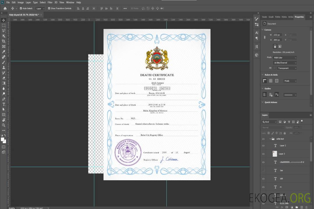 Modèle PSD de certificat de décès de l'état civil du Maroc template